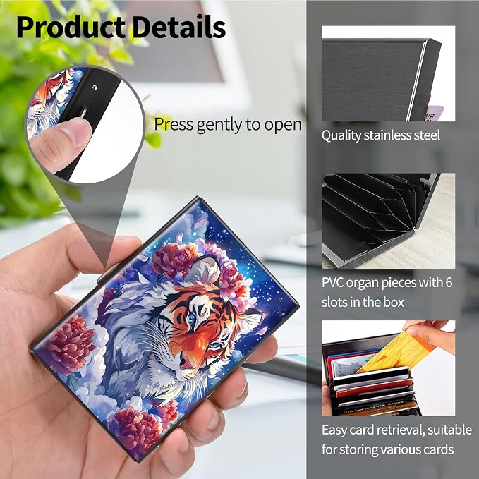 Metal Wallet, Credit Card Holder for Women Men Girls, RFID Blocking Aluminum Wallet Slim Hard Case, Mini Travel Wallet, ID Card Holder Business Card Case,Tiger Flower