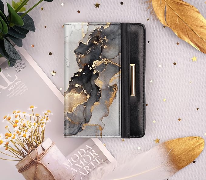Passport Holder,RFID Blocking Passport Cover Cute Floral Traveling Passport Wallet for Women Gold Grey