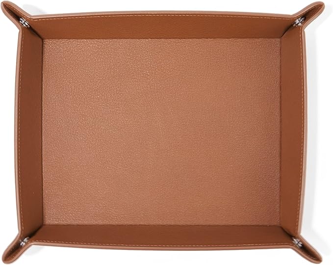 Leatherology Cognac Leather Rectangle Valet Tray – Sleek Catchall Organizer for Desk, Nightstand, or Entryway – Snap Design with Stitched Edge Detailing