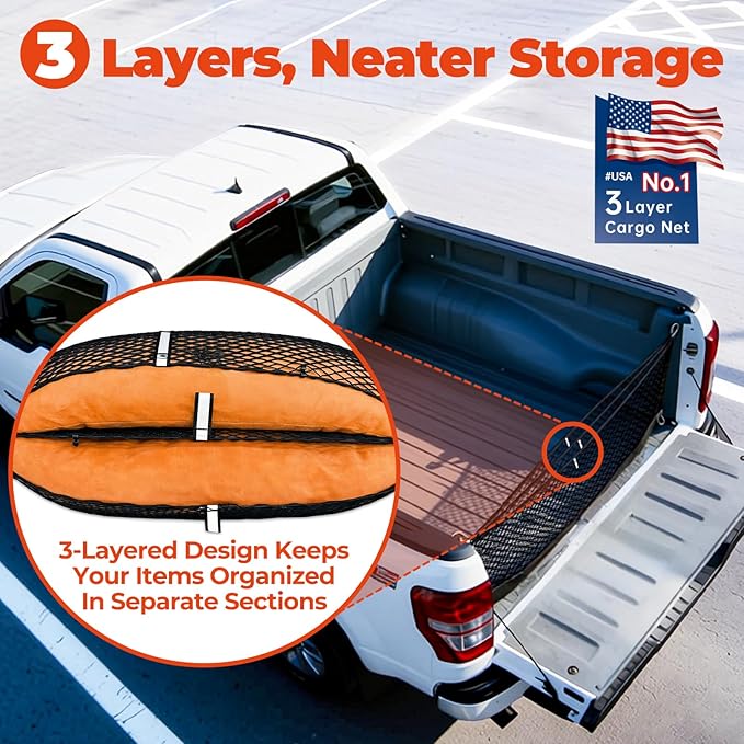 3-Layer Cargo Net for Toyota Tundra 2022-2026, Zoned Storage Truck Bed Net with Foldable Zippered Bottom Bag, Heavy-Duty Cargo Organizer Netting for Camping, Trips & Everyday Use