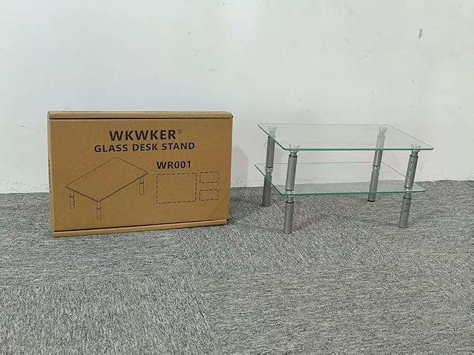 WKWKER Clear Glass Desk Stand 2 Pack Computer Monitor Riser with Height Adjustable Multi Media Monitor Stand Desktop Flat for Laptop TV Computer