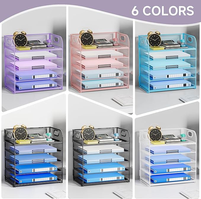 5-Tier Stackable Paper Organizer with Handle, Purple Metal Mesh Letter Tray | Elegant Desk File Sorter for Office, Home & Classroom Organization
