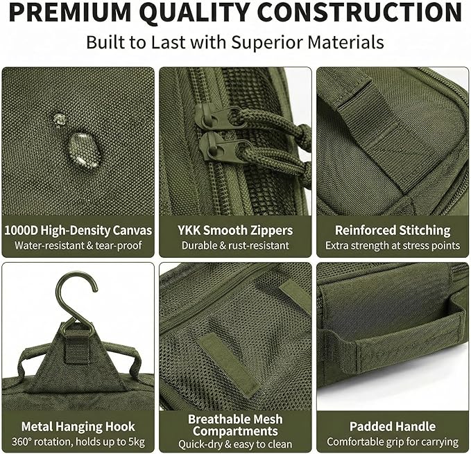 VELVEBAG ﻿Tactical Toiletry Bag for Men, Mens Toiletry Travel Bag, Hanging Dopp Kit Waterproof TravelShaving Hygiene Bag, Bathroom Multi-pocket Organizer, for Short Trips, Camping & Gym, Green