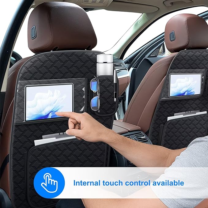 Back Seat Protector 2 Pack Fit For Toyota RAV4 Car Kick Mats with Touch Screen Tablet Holder Storage Organizer Waterproof Dirt Proof Faux Leather Auto Accessories for Kids (1 Pair Black)
