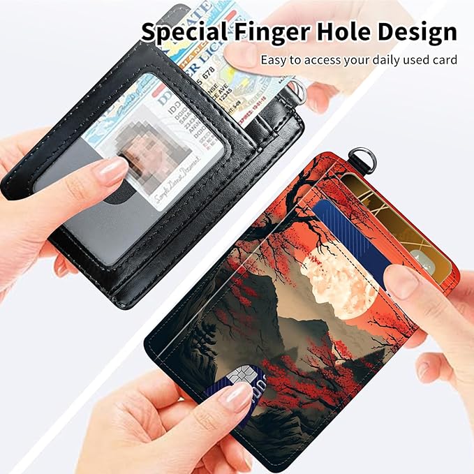 Slim Minimalist Front Pocket Wallet,Credit Card Holder Wallet for Women Men,RFID Blocking Credit Card Holder Case Leather Cute Small Thin Wallet ID Window&Wrist Strap,Red Sunset Tree