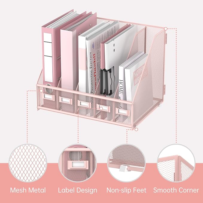 SUPEASY Desk Organizers Metal Desk Magazine File Holder with 5 Vertical Compartments Rack File Organizer for Office Desktop, Classroom, Home Workspace, Pink Plus