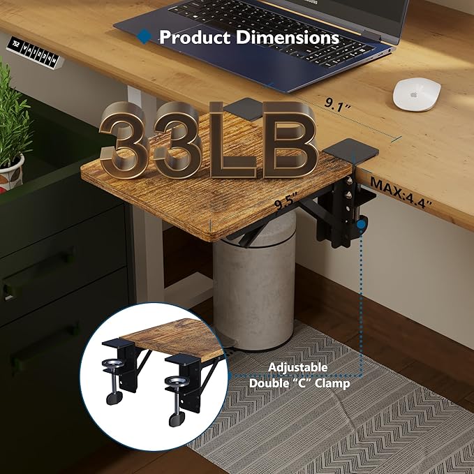 BONTEC Ergonomic Desk Extender Tray, 9.5"x9.1" Table Mount Arm Wrist Rest Shelf, 90° Foldable Elbow Support, Clamp on Computer Arm Rest for Desk, Office & Home Use, Durable & Easy to Install