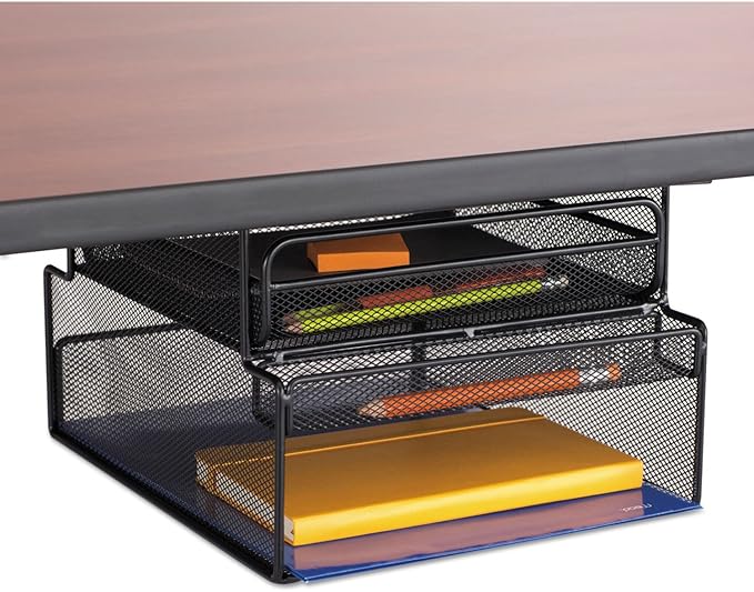 Safco 3244BL Onyx Mesh Deluxe Under Desk Hanging File & Paper Organizer, Black, Steel Construction, 2 Compartments, Tabletop or Desktop. Perfect for Home, Office & Classrooms, Black