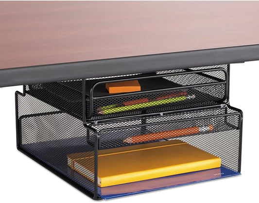 Safco 3244BL Onyx Mesh Deluxe Under Desk Hanging File & Paper Organizer, Black, Steel Construction, 2 Compartments, Tabletop or Desktop. Perfect for Home, Office & Classrooms, Black