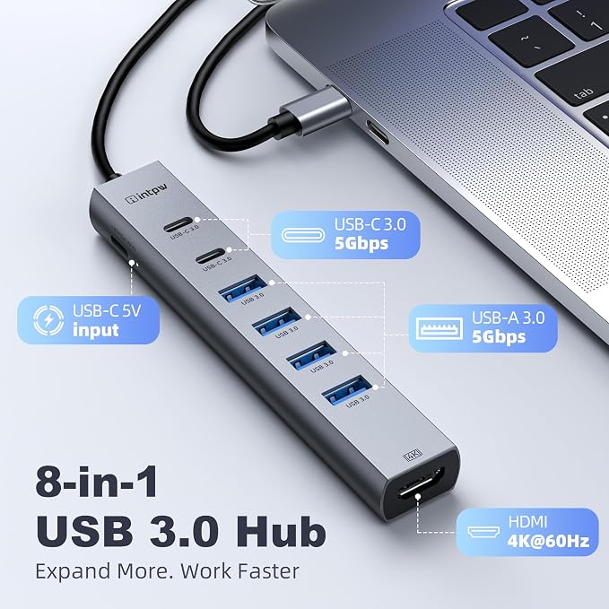 intpw USB C Hub, 8-in-1 Multiport Adapter with 4K@60Hz HDMI, 4 USB 3.0 5Gbps Ports, 2 USB-C Ports, Aluminum Type C Hub for MacBook Pro/Air, iPad, Laptop, PC