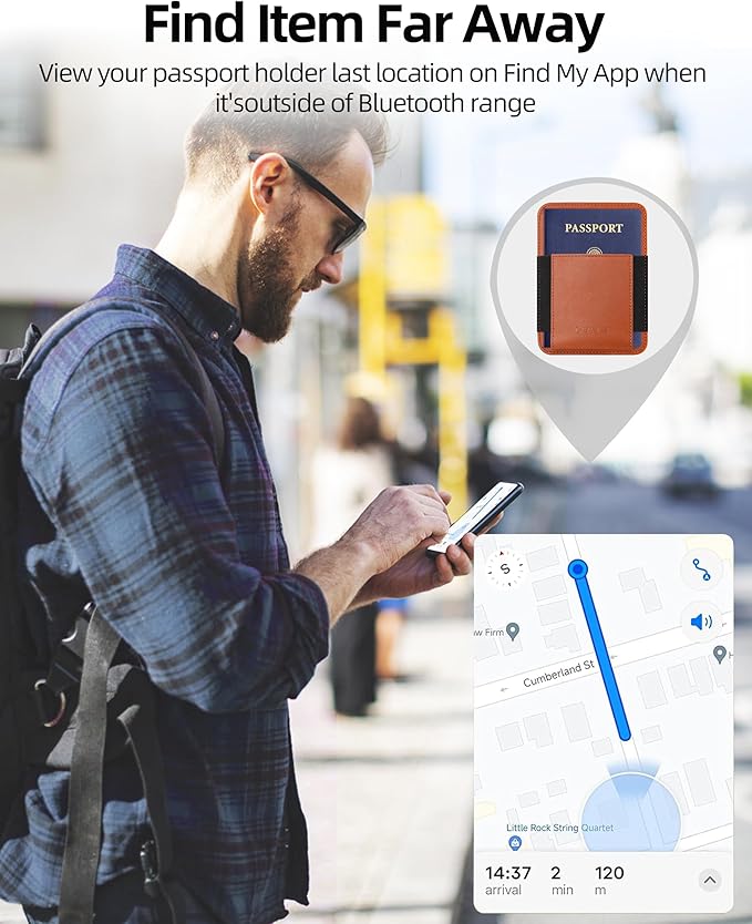HiWe Passport Holder for Travel with Rechargeable Find My Tracker Built in, Minimalist Leather Passport Wallet Card Holder for Men and Women, RFID Blocking, 4 Slots, 1 Pocket, ID Window, Brown