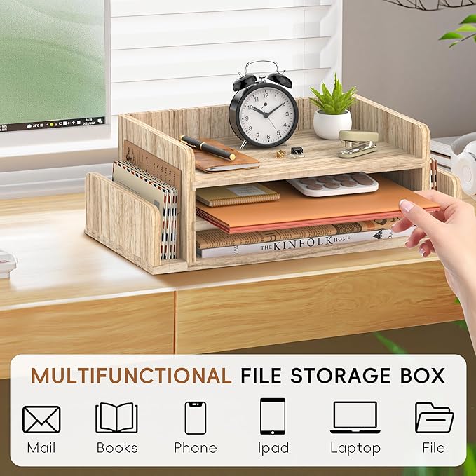 SUPEASY Wooden Desk Organizer, 3-Tier Letter Tray File Organizer with Dual Side Mail Sorter, Solid Wood Desktop Paper Organizer for Office, Home Office, Classroom (Natural Wood)