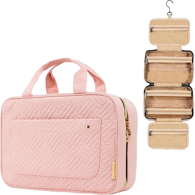 Travel Toiletry Bag for Women with Hanging Hook, Makeup Organizer Case, Water-Resistant Cosmetic Bag For Full-size Containers, Toiletries, Pink Large+, Not Made In China