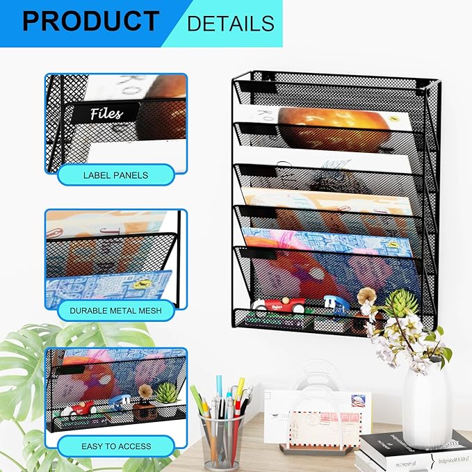 Wall File Organizer Holder Mesh Hanging Paper Document Holder,Vertical 6 Pocket Tier for Office Home, Black
