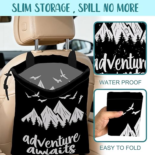 Adventure Awaits Car Garbage Bag Mountain and Bird Hanging Canvas Car Trash Bag Drawstring Car Back Seat Organizer for Car Back Front Seat Console with Adjustable Buckle
