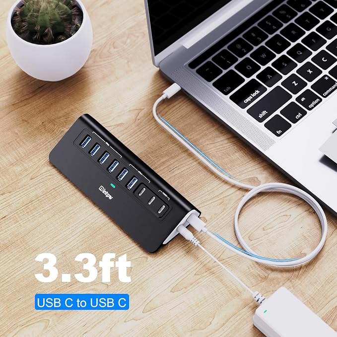 Powered USB Hub 10Gbps,intpw YH6AC 9-Port USB Splitter with USB A/USB C 3.2, 4 USB 3.0, 2 PD 45W Charging Ports, 65W Power Adapter and 3.3FT Cable, Aluminum Black USB Hub for Laptop/PC,iPhone 16/15