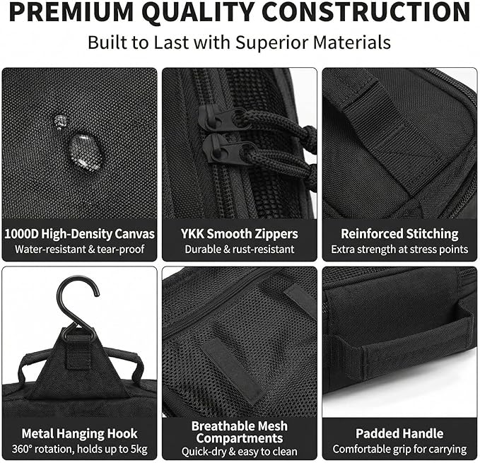 VELVEBAG ﻿Tactical Toiletry Bag for Men, Mens Toiletry Travel Bag, Hanging Dopp Kit Waterproof TravelShaving Hygiene Bag, Bathroom Multi-pocket Organizer, for Short Trips, Camping & Gym, Black