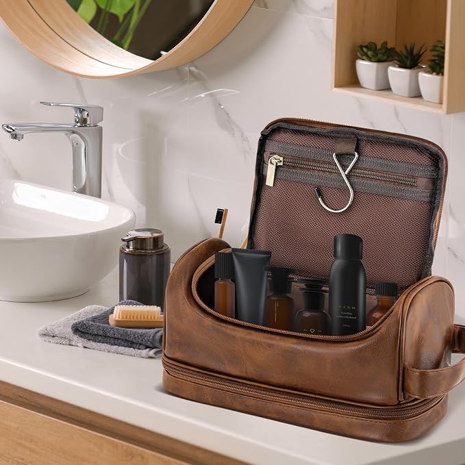 Personalized Gifts Travel Toiletry Bag for Men, Engraved Initial PU Leather Waterproof Shaving Bag, Groomsmen Present Christmas Birthday Gifts for Men Dad Husband Son Boyfriend, Light Brown O