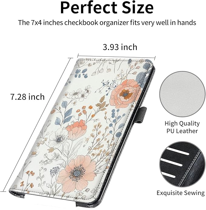 FUYOCWE Leather Checkbook Cover for Men Women Checkbook Covers Personal Checks Card Register Holder Wallet W/RFID Blocking & Pen Holder-Elegant Flowers