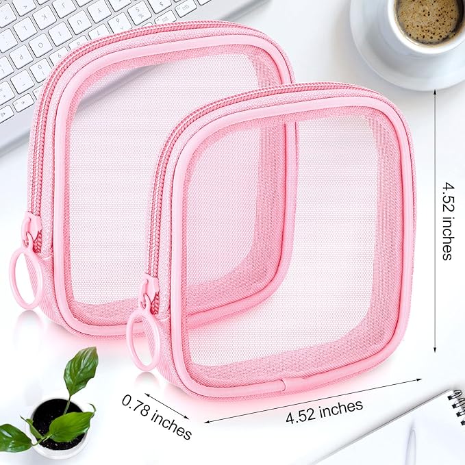 Weewooday 4 Pcs Mesh Makeup Bag Mesh Cosmetic Bag Travel Toiletry Pouch with Zipper Mini Makeup Cosmetic Purse for Daily Accessory(Small,Pink)