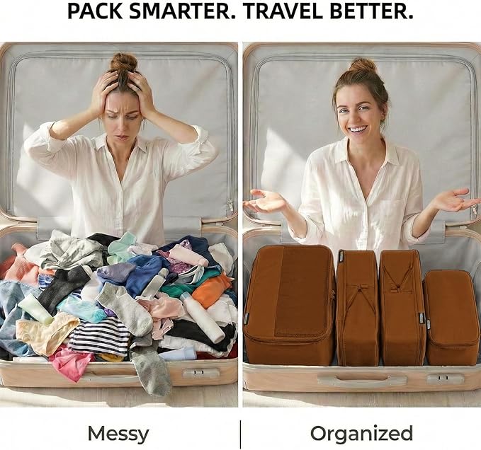 4 Piece Compression Packing Cubes for 3–7 Day Travel, Space Saving Travel Organizers with Breathable Mesh, Double-Zipper Packing Cubes for Carry-On & Suitcases (Brown)