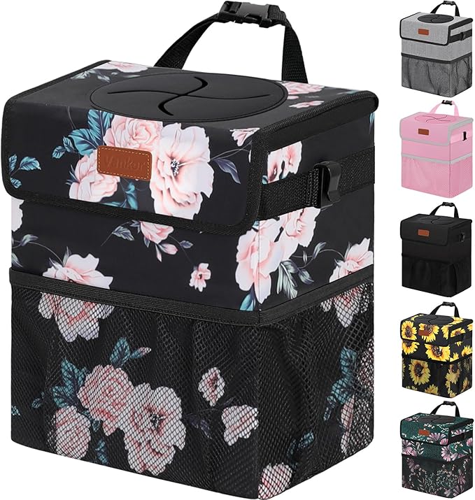 Vankor 3 Gallons Car Trash Can with Lid, Car Bag Bin Hanging Waterproof Automotive Garbage Cans Leak Proof Vehicle Trash Can Black Floral