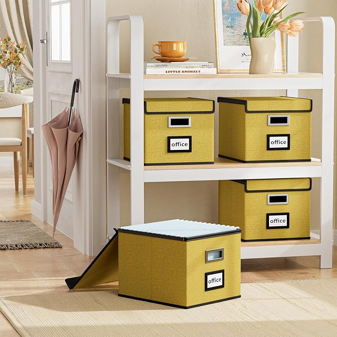 File Organizer Box with Lid, Collapsible File Folder Organizer for Office Document Storage, Filing Box with Plastic Slide for Letter Size Hanging Files(1 Pack, Yellow)
