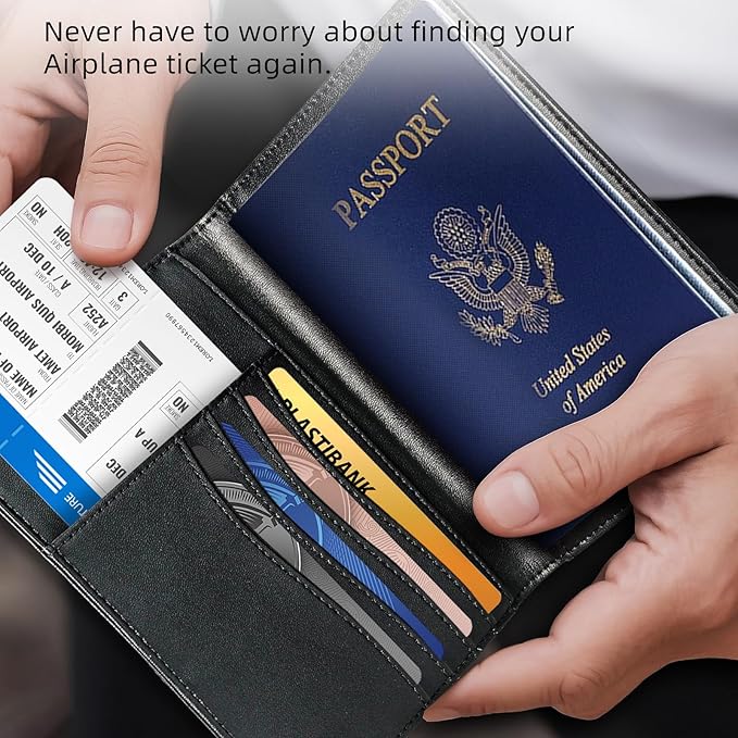oriver Airtag Passport Holder with RFID Blocking, Slim Leather Passport Cover with AirTag Slot, Bifold Travel Wallet with 4 Cards Slots & Tickets & Cash, Black