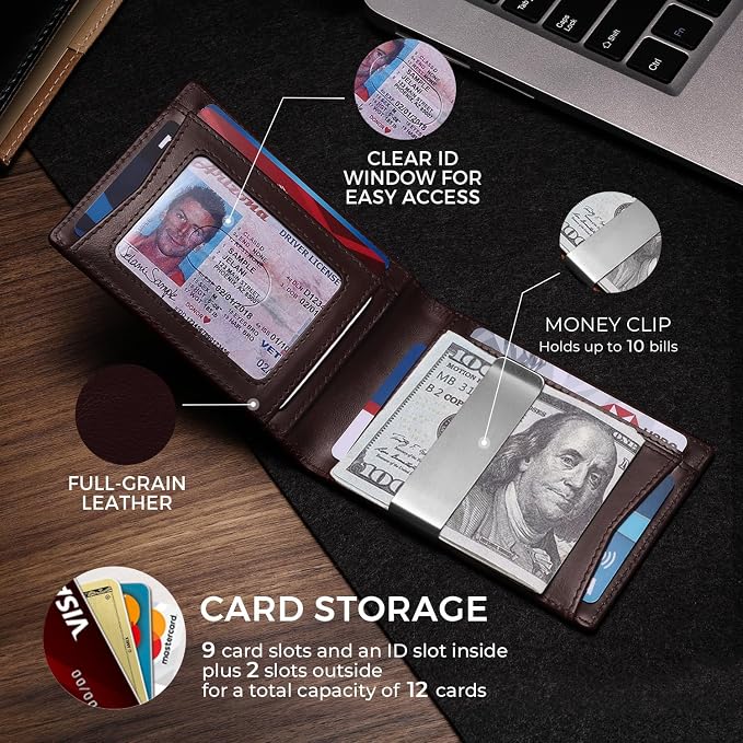 Zitahli Genuine Leather Wallet for Men 12 Card Slim Mens Wallets Bifold RFID Blocking with Money Clip & ID Window Thin Minimalist Card Holder Wallet with Gift Box