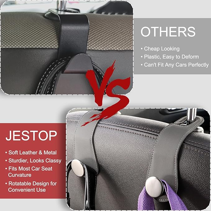 JESTOP Car Headrest Hooks, 2 Pack Leather Car Seat Storage Hanger for Purses Bags, Stylish Car Seat Organizer Hooks for Handbag Coat Umbrellas, Car Inside Accessories, Gray