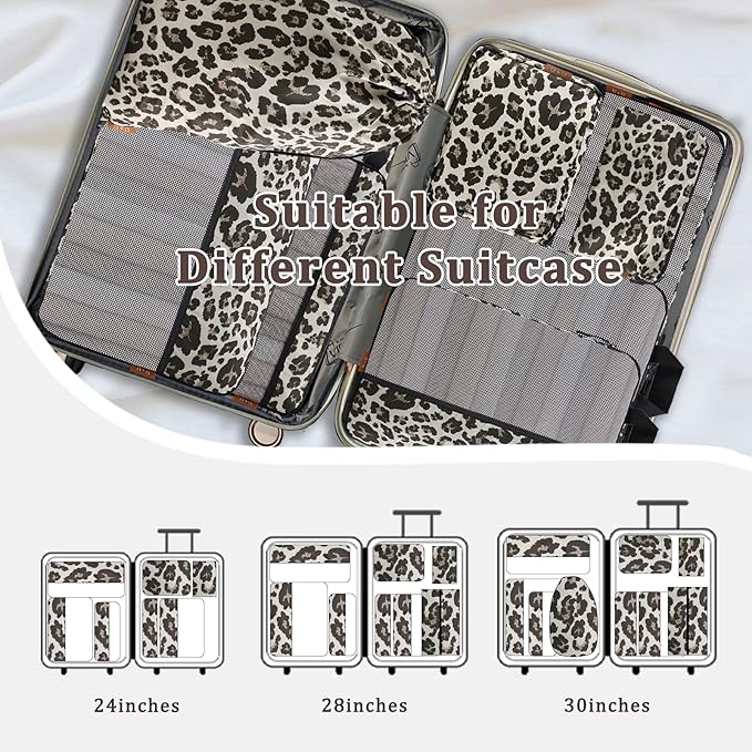 U+U 10 Set Compression Packing Cubes - Ultralight Leopard Travel Organizers with Laundry Bag, Space-Saving Suitcase Organizer, Expandable Packing Cubes for Travel and Family Vacation (Leopard)