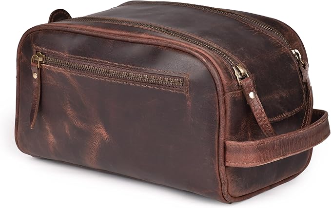 LEATHER VILLAGE Genuine Leather Toiletry Travel Bag With Waterproof Lining - Mulberry Brown | King-Size Handcrafted Vintage Dopp Kit Bag, Shaving & Bathroom Organizer, Gift for Men & Women
