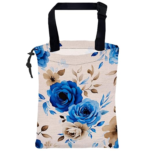 Car Garbage Bag Vintage Blue Roses Hanging Canvas Car Trash Bag Waterproof Drawstring Car Back Seat Organizer for Car Back Front Seat Console with Adjustable Buckle