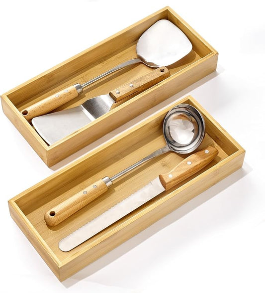 Vtopmart Bamboo Drawer Organizer Boxes - Set of 2 Multi-purpose Wooden Storage Dividers for Kitchen, Bathroom, Office, Desk, Makeup, Jewelry & More, Non-Slip Junk Drawer Organizer Trays for Storage