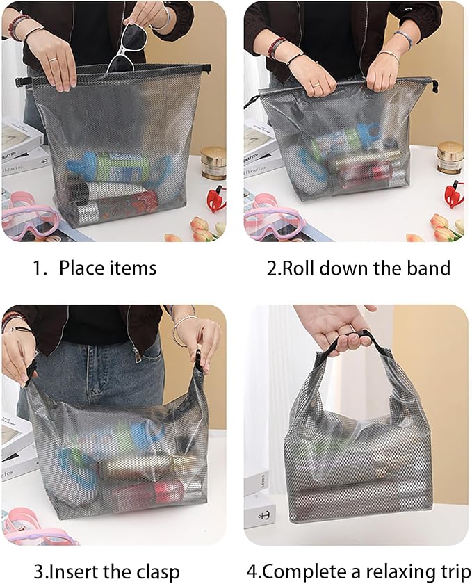 Waterproof Mesh Cosmetic Bag for Travel Gym Bathroom Quick-Dry Toiletry Wet Bag Shower Organizer with Handle Portable Makeup Pouch Grey 2PCS
