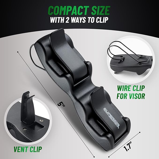 Superior Essentials Sunglass Holder for Car Visor - Eyeglass Car Mount with Double-Ends Sunglasses Holder Organizer, Universal Car Sunglass Holder Clip, Suitable for All Size Eyeglasses (2 Pack Black