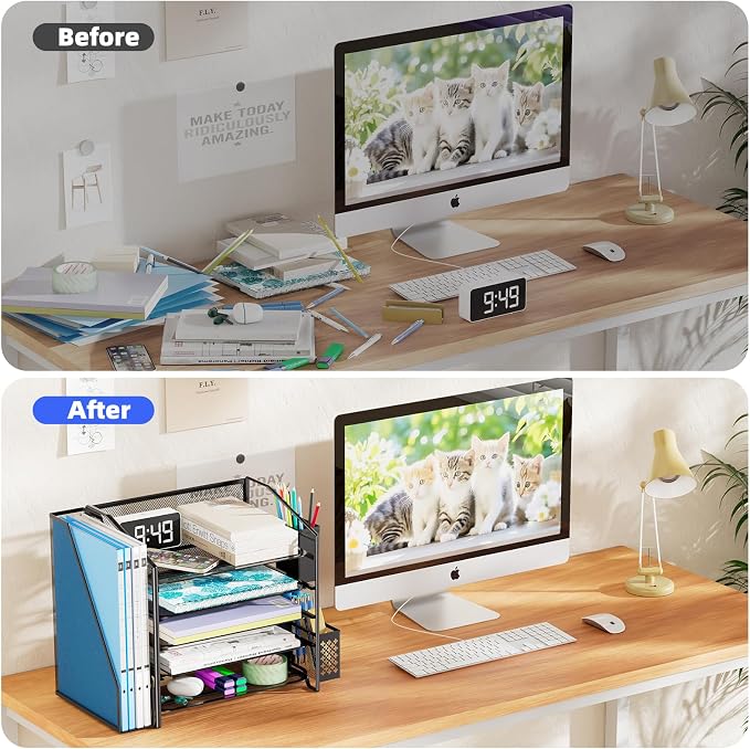 Simple Trending Desk Organizers and Accessories, 5-Tier Desk File Organizer, Paper Letter Tray Organizer with File Holder and Pen Container, Black