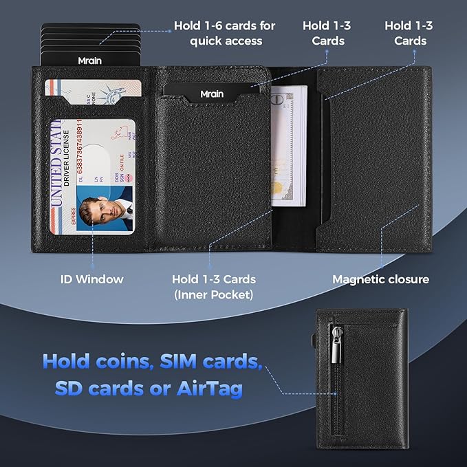 Mens Slim Minimalist Wallet Card Holder with Coin Pocket, Cash Slot, Magnetic Closure, Pop Up Aluminum Case, ID Window, Leather Wallet, RFID Blocking, 9-13 Card Capacity (Black)