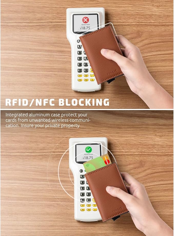 VULKIT Credit Card Holder RFID Blocking Leather Automatic Pop Up Wallet Aluminum Pocket Business Card Case