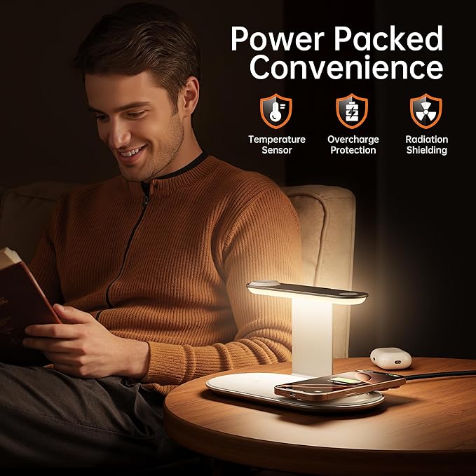 GUSGU 3 in 1 Charging Station with Three-Level Night Light, 15W Max Fast Charging, Wireless Charger for iPhone 15/14/13/12, iWatch S1-8/Ultra, AirPods(30W USB-C Charger Included), White