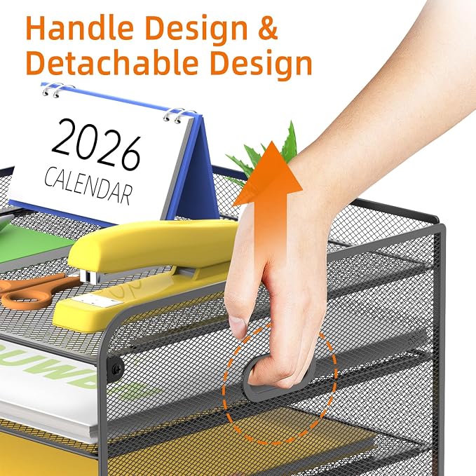 SUPEASY Mesh Desk Organizer with File Holder, 5-Tier Paper Letter Tray Organizer with Magazine Holder, Desktop Organizer and Storage with Drawer for Office Supplies Home or School (Black)