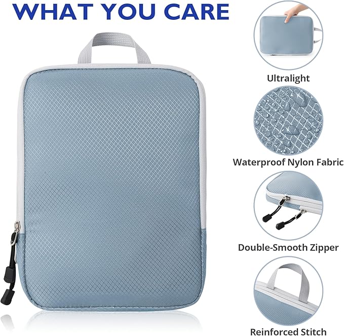 Compression Packing Cubes, 10 Set Packing Cubes for Travel Compression, Lightweight Compressible Package Organizer for Carry On and Suitcases, LakeBlue and Grey