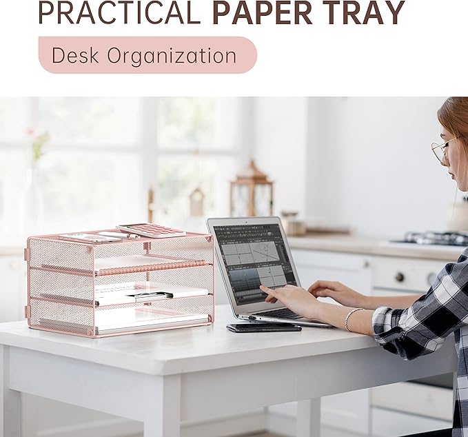 DALTACK 3 Tier Letter Tray Paper Organizer for Desk, Mesh Metal Desk File Organizer with Sliding Trays for Letter/A4 Paper, Mail, Bills & Folders, Pink
