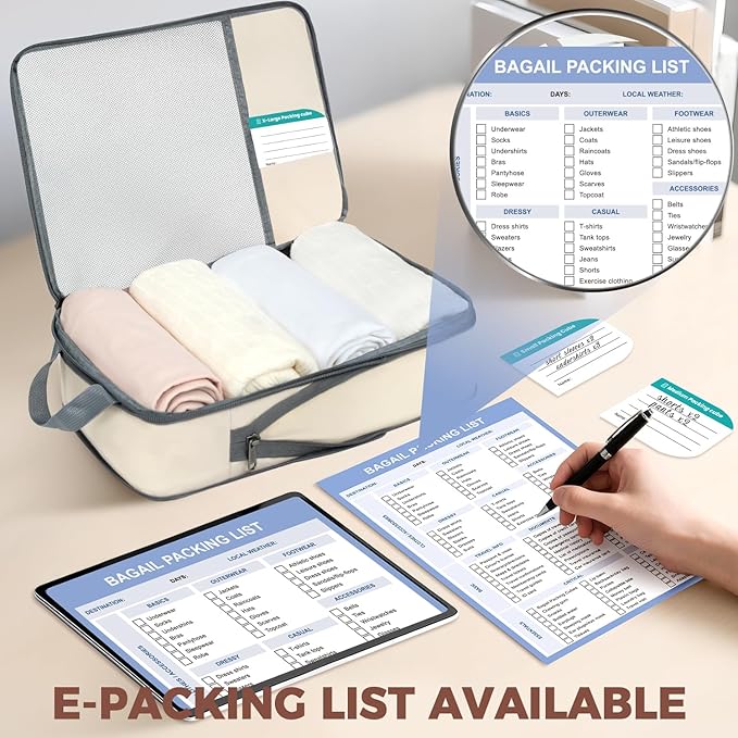 BAGAIL 6 Set Lightweight Compression Packing Cubes with Packing List, Anti-Tearing Expandable Organizer Bags for Travel, Beige