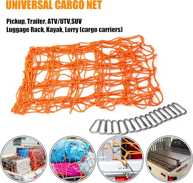 Seven Sparta 5’ x 7’ Bungee Cargo Net Stretches to 10' x 14' for Truck Bed, Pickup Bed, Trailer, Trunk, SUV with 16 Bonus D Clip Carabiners Car Organizer Net for Large Loads (Orange, 5'x7')
