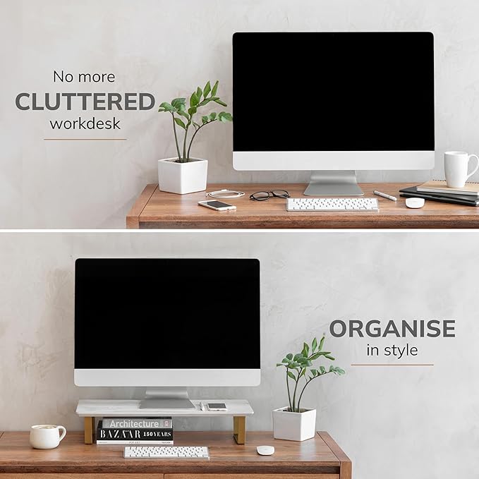 Anji Mountain Monitor Stand - Desktop Organizer & Laptop Riser, Ergonomic Monitor Riser, Space-Saving Monitor Stand for Desk, Durable Construction, Easy Assembly, Ideal for Home & Office,White Wash