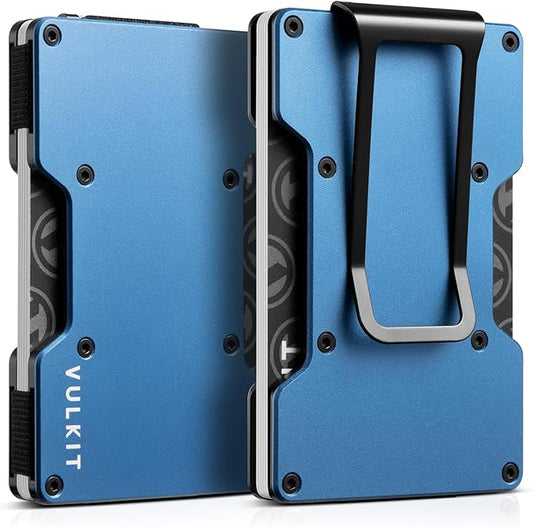 VULKIT Men's Metal Wallet with Money Clip Slim Credit Card Holder, Minimalist Business Card Case Front Pocket Wallet for Men(Blue)