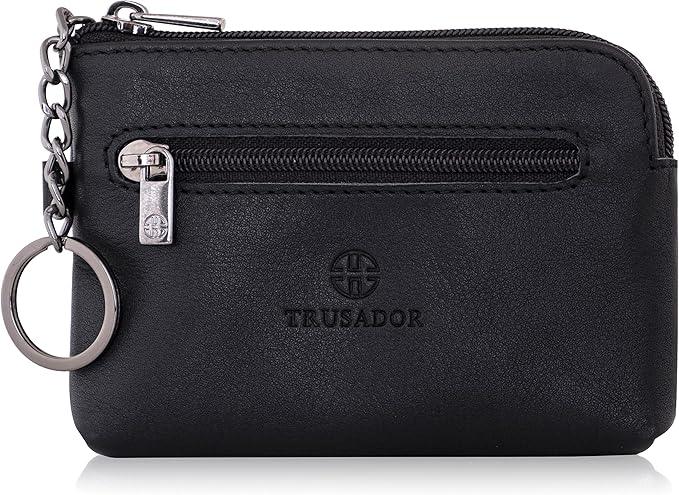 Trusador Milano Unisex Leather Front Pocket Wallet Coin Purse Zipper Pouch with Keychain (Black)