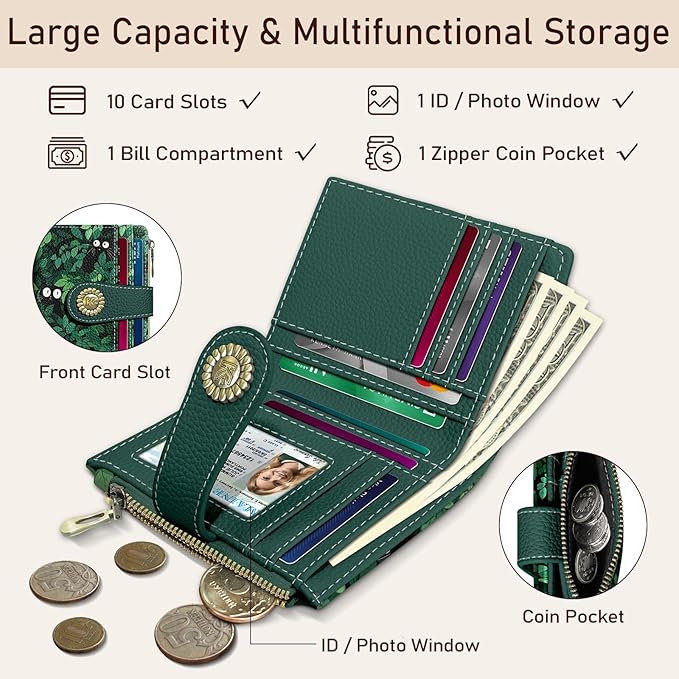 Kelvoris Cute Green Black Cats Grass Small Rfid Women Wallet Bifold Zipper Coin Pocket PU Leather Compact Cash Credit Card Holder Travel Wallet for Female Ladies Teen Girls 1 ID Window 10 Card Slots