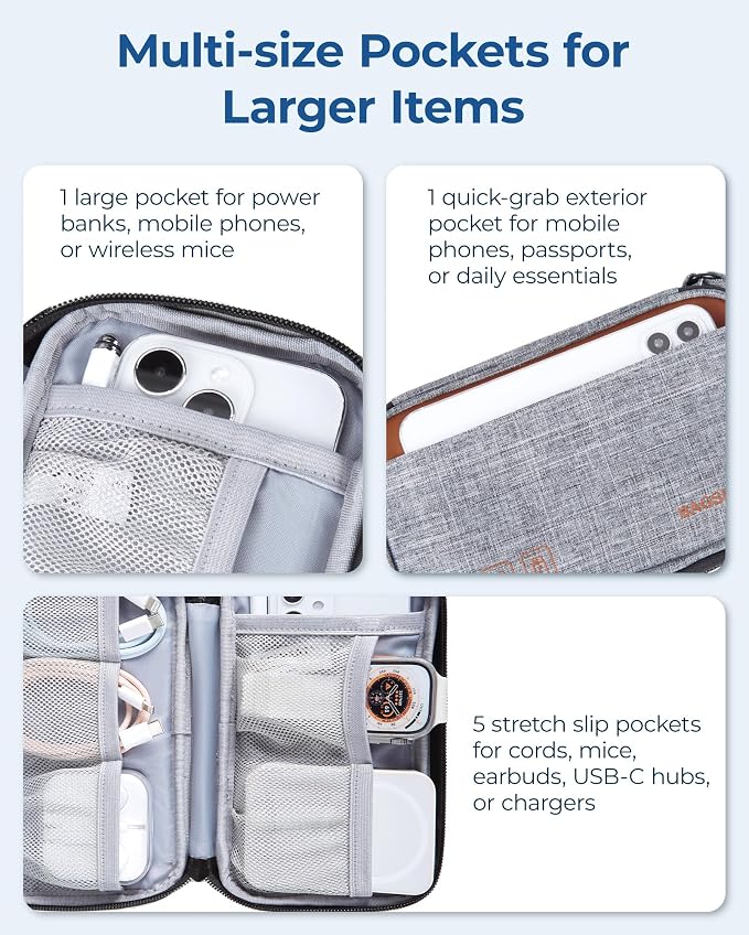 BAGSMART Small Travel Cable Organizer, Tech Accessories for Charger, Phone, Gray